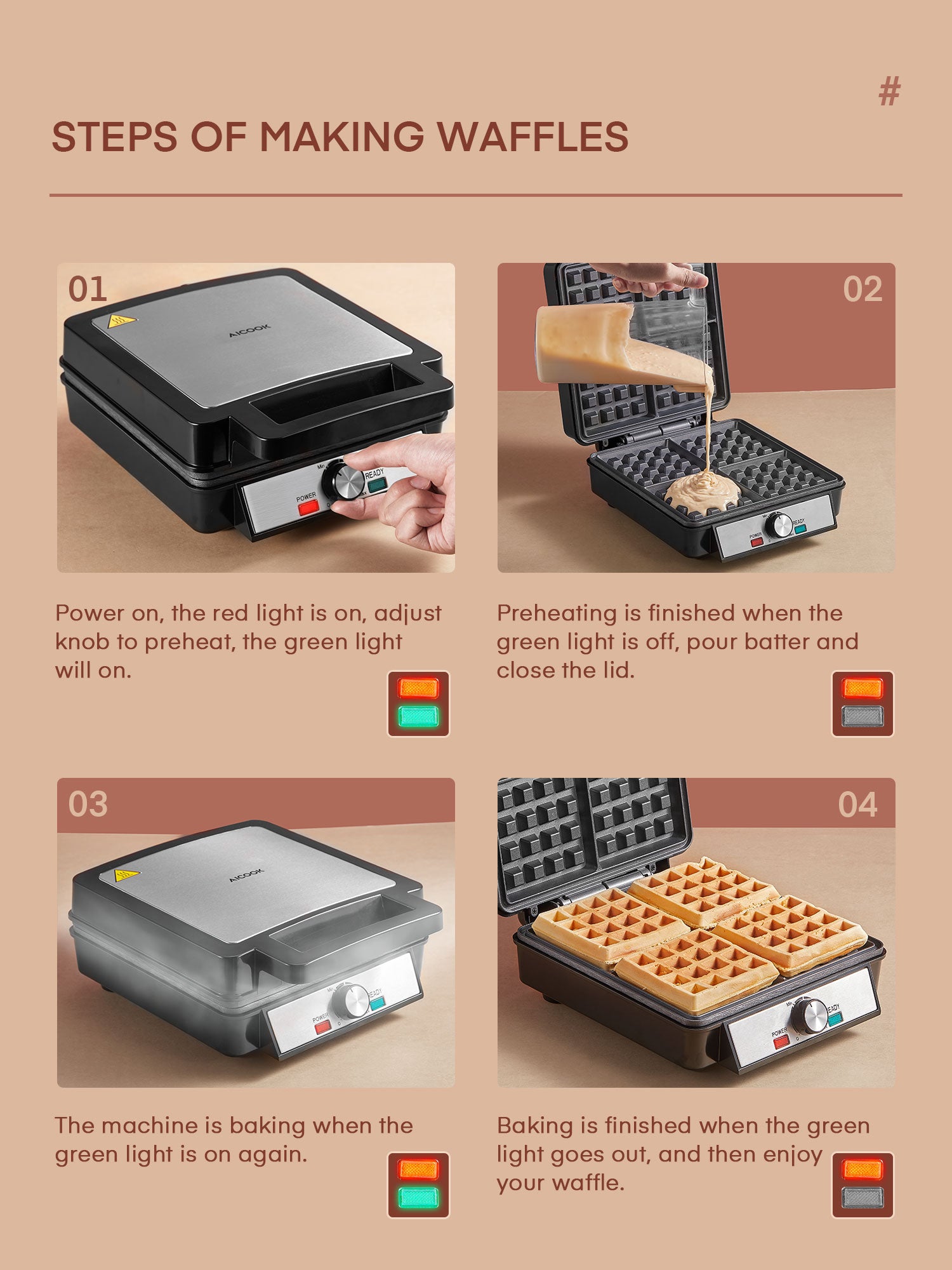 Aicook aparat vafe belgiene 4 felii 1200W inox