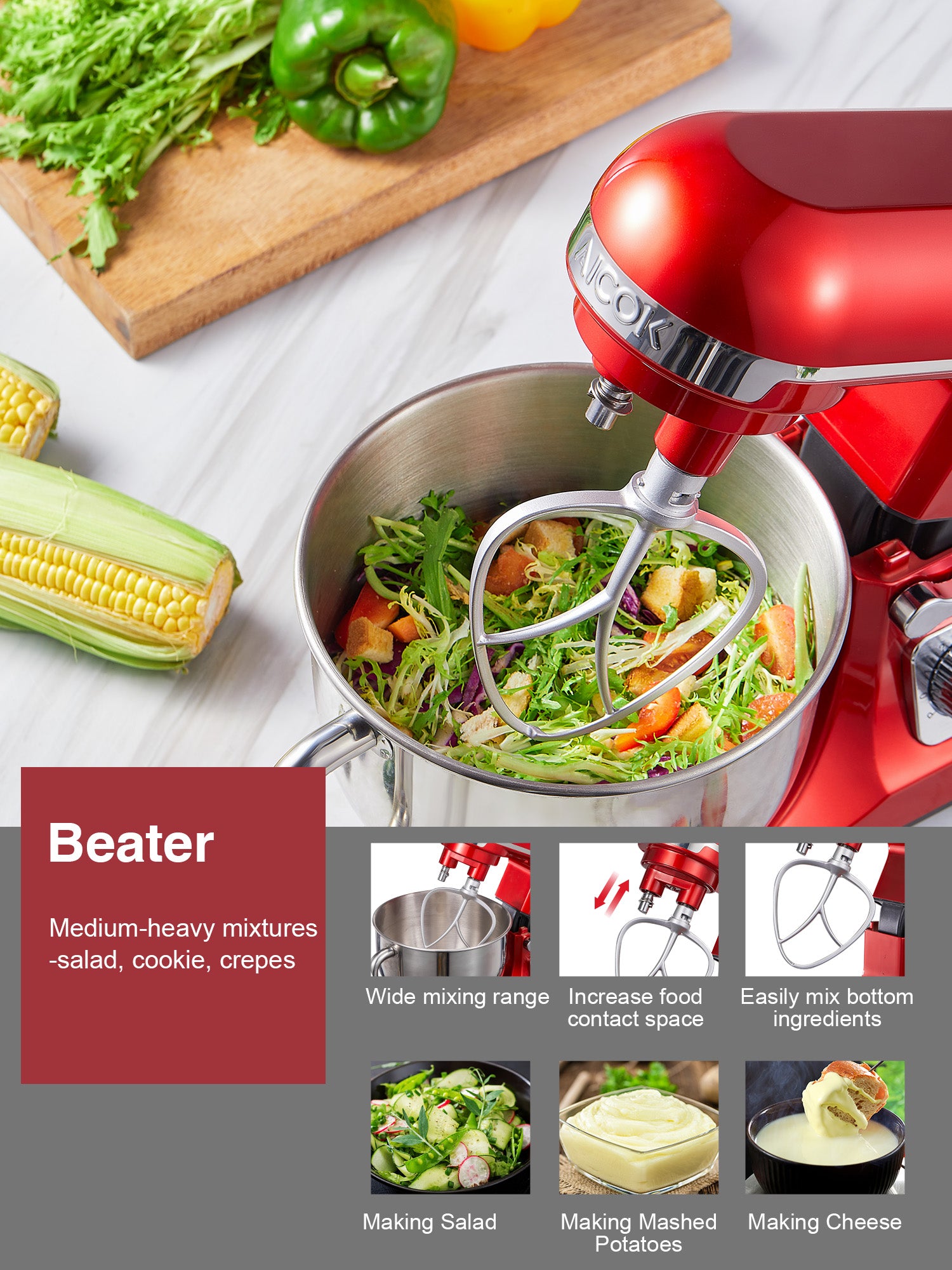 Aicok 5.5QT mixer planetar cu bol rosu 500W
