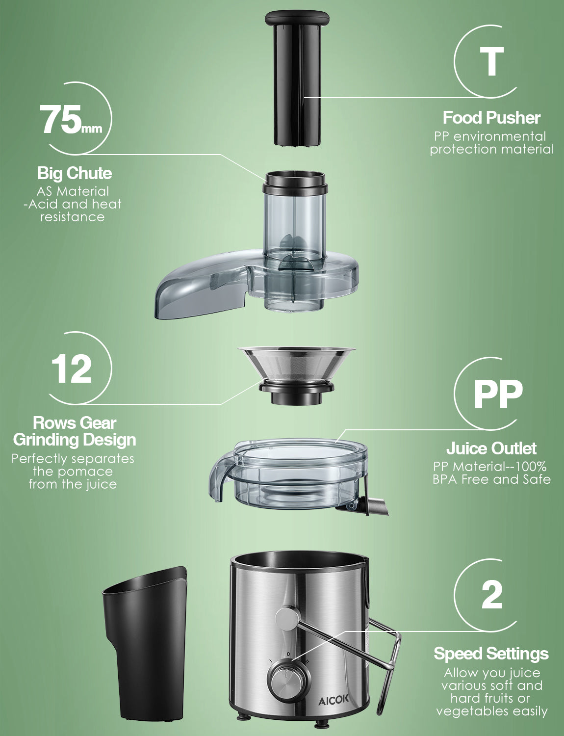 Aicok storcator centrifugal 800W inox gura larga