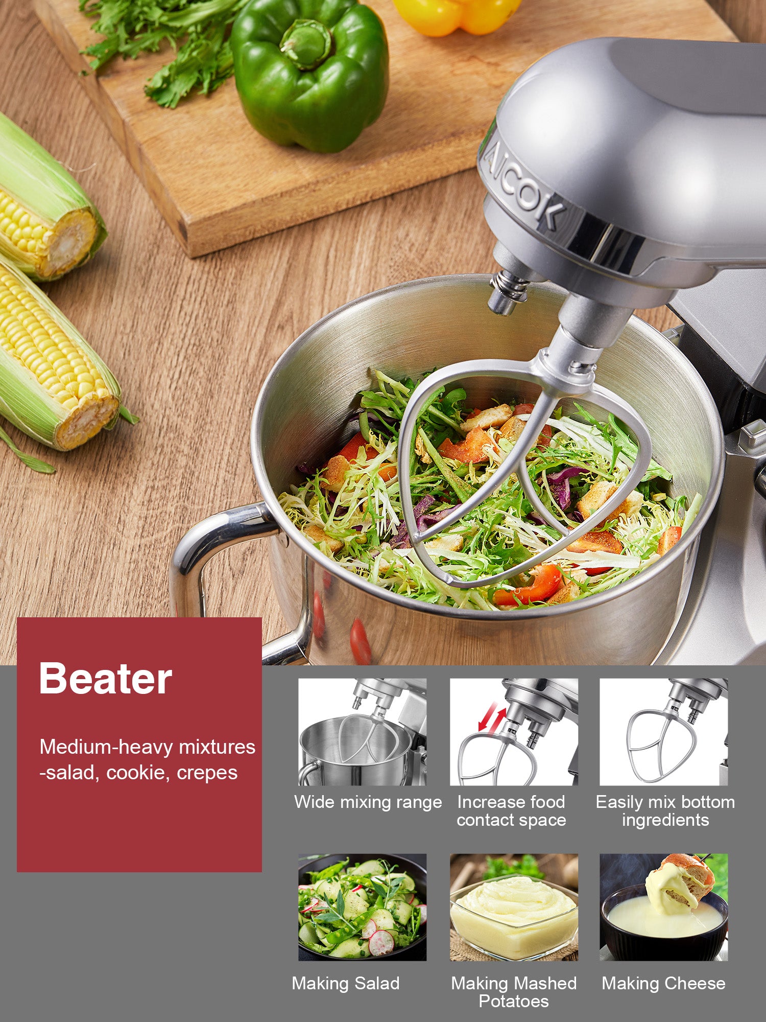 Aicok mixer planetar 5,5L argintiu 6 viteze