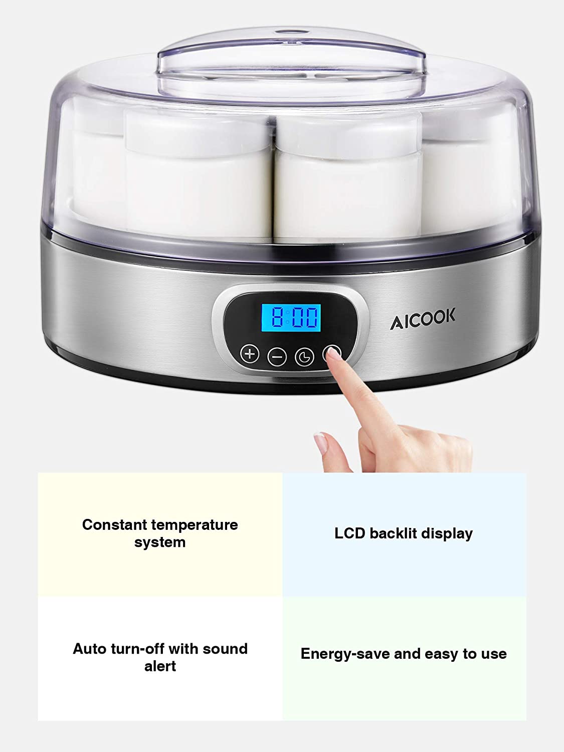 Aicook aparat iaurt digital EP2305 inox 7 borcane