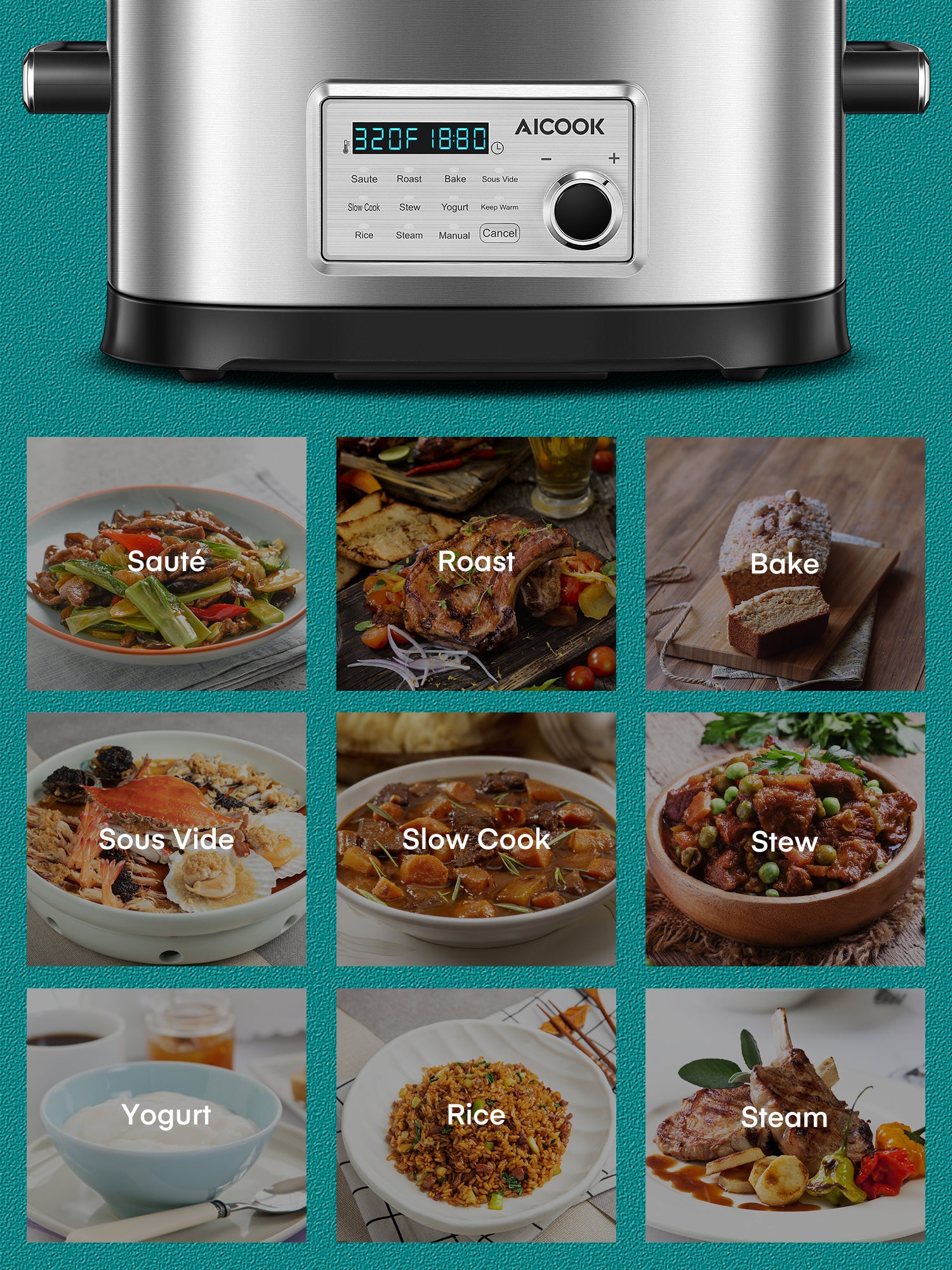Aicook 6.5QT oala electrica slow cooker 10 in 1