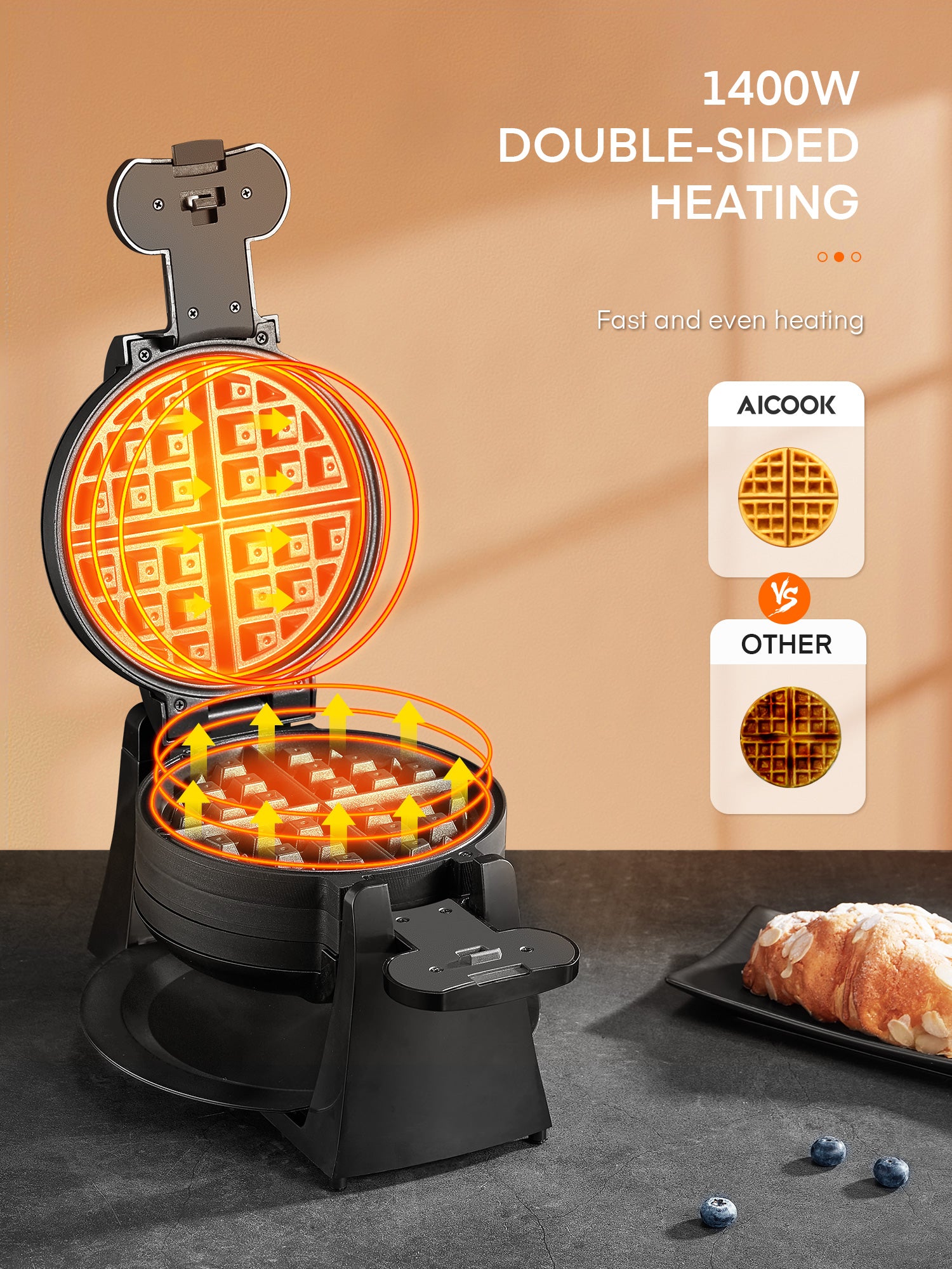 Kealive aparat vafe belgiene dublu rotativ 1400W negru