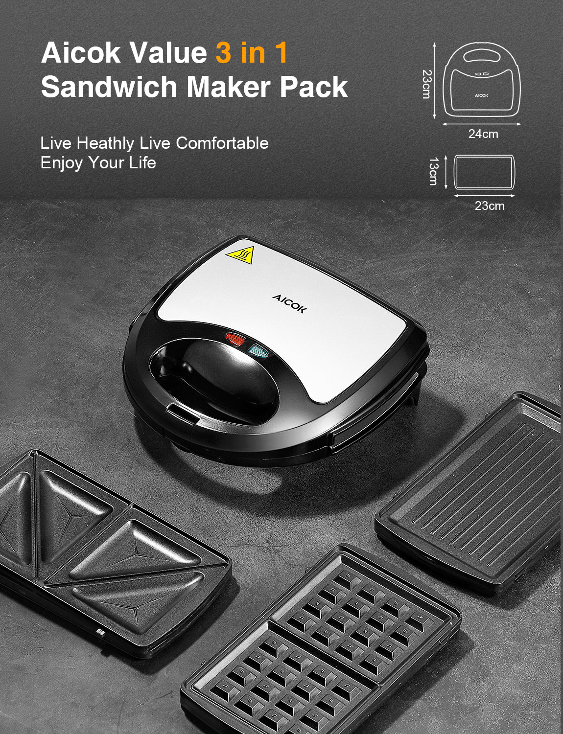Aicok Aparat sandwich 3 in 1 vafe grill 750W