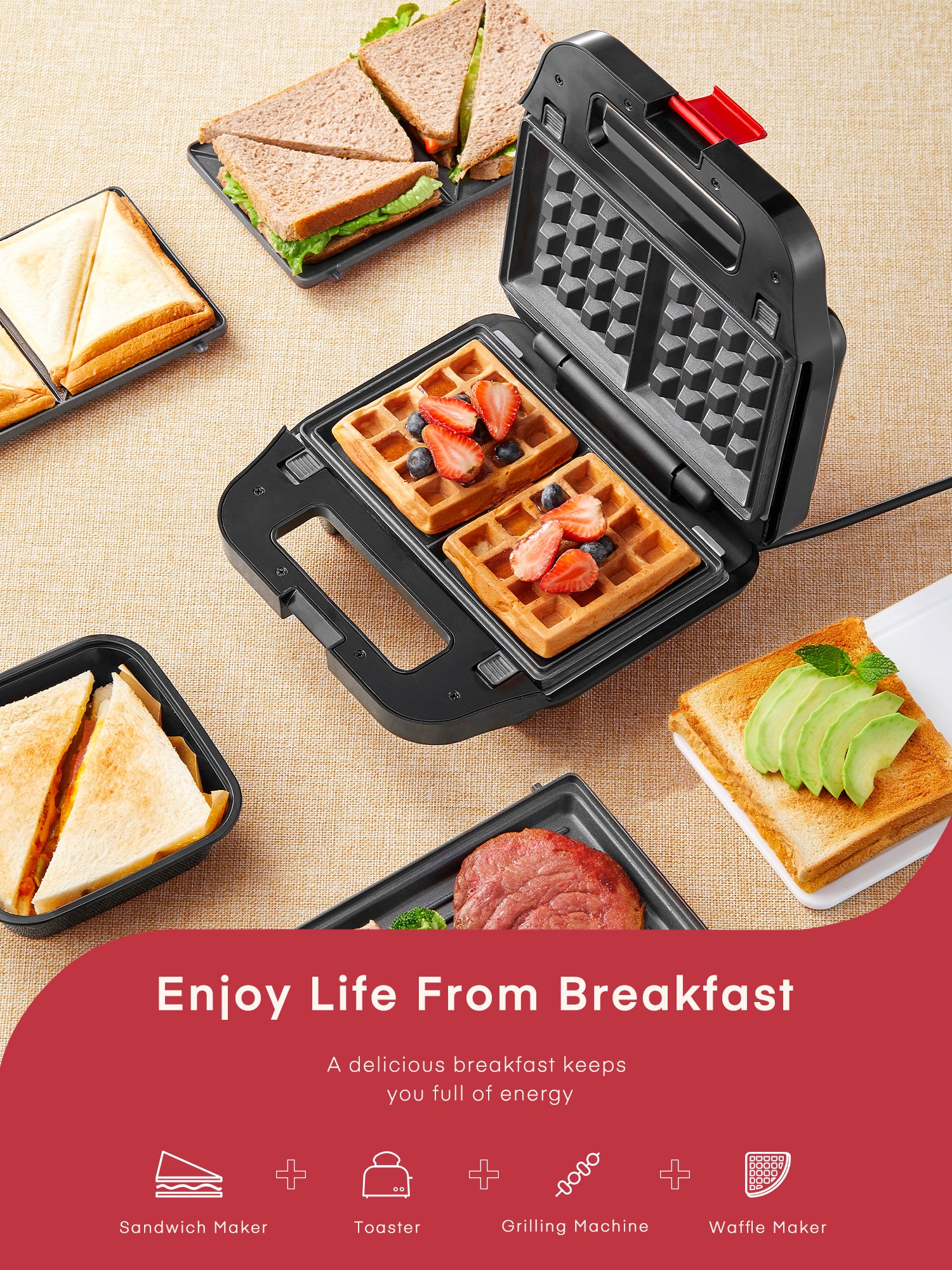 Aicook sandwich maker 3 în 1 cu 3 plăci detașabile