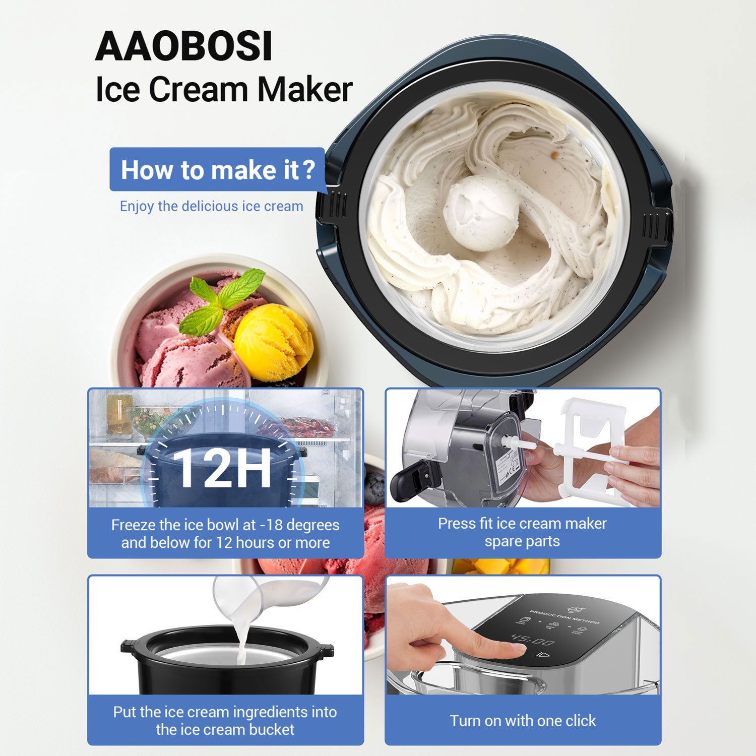 Aobosi Aparat de Înghețată 1,5 L cu Bol Congelabil