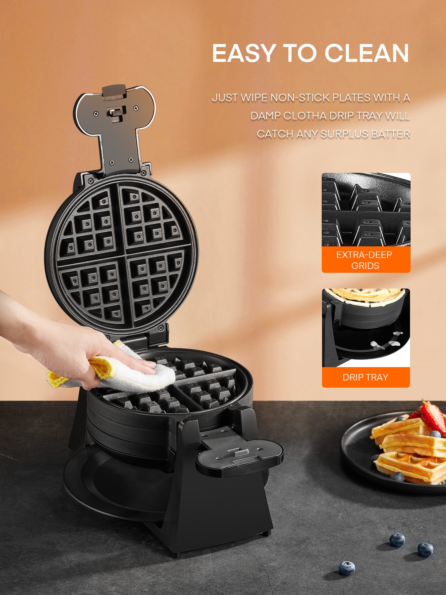 Kealive aparat vafe belgiene dublu rotativ 1400W negru