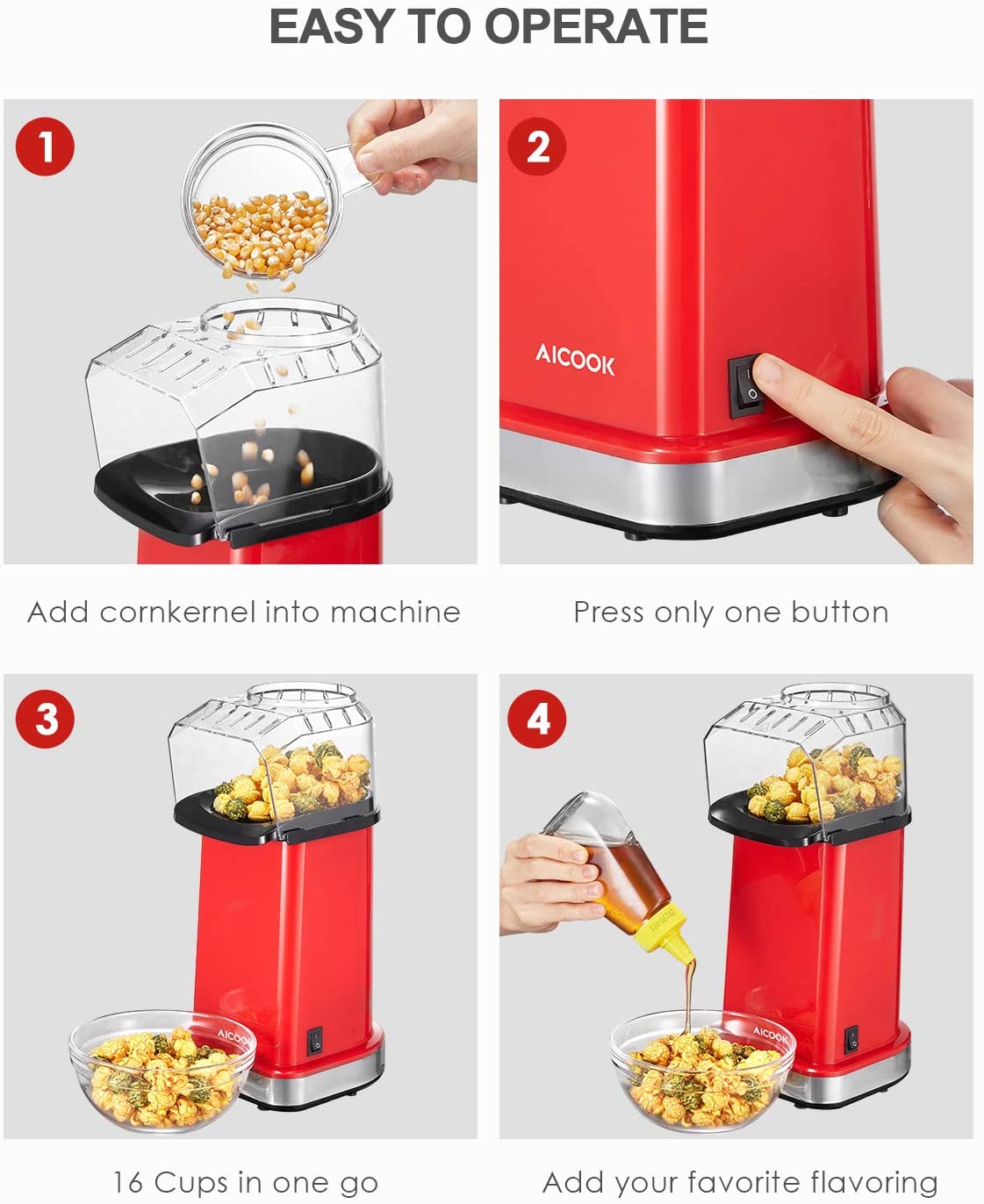 Aicook Aparat popcorn aer cald 1400W rosu 80g