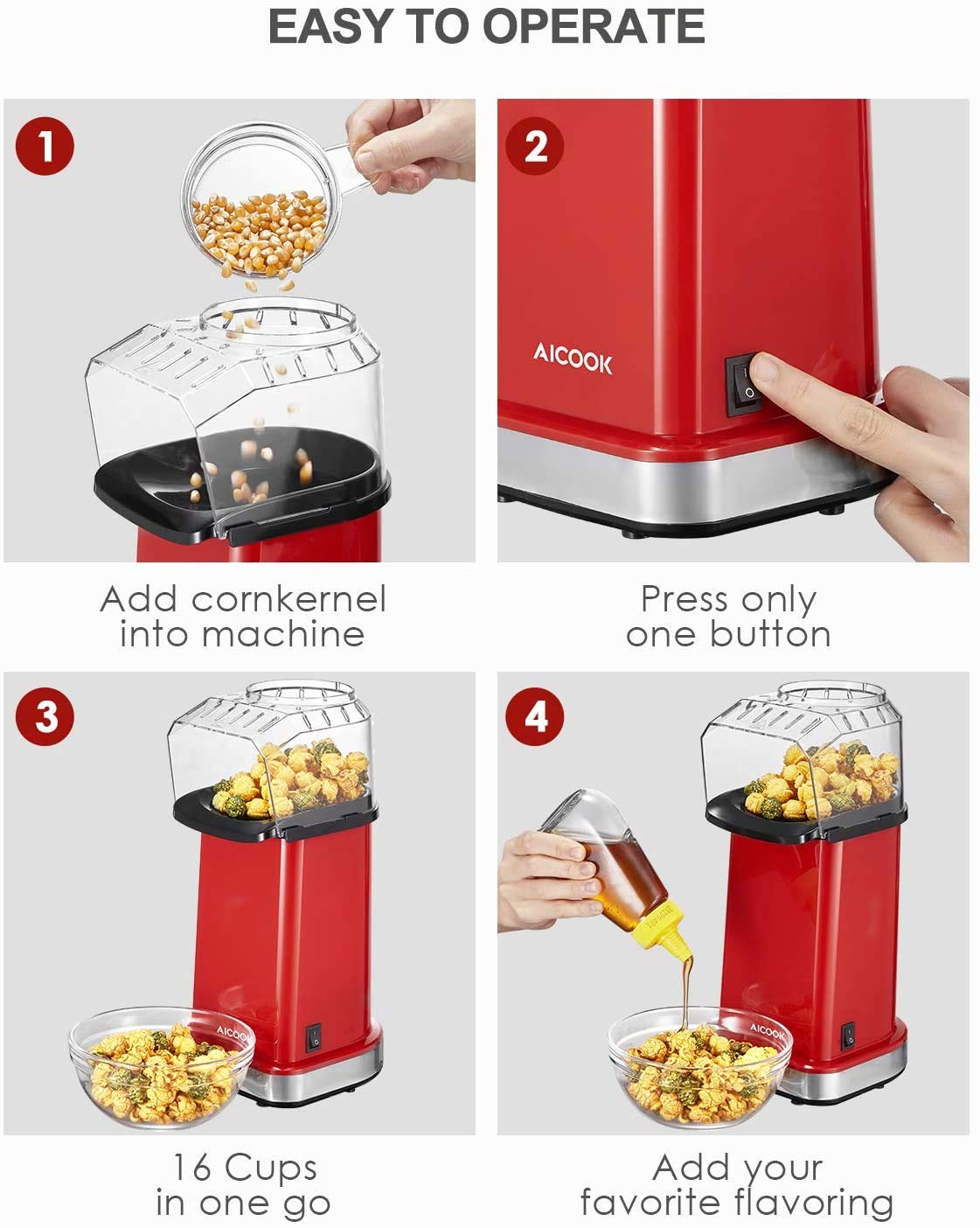 Aicook aparat popcorn aer cald 1400W fara ulei