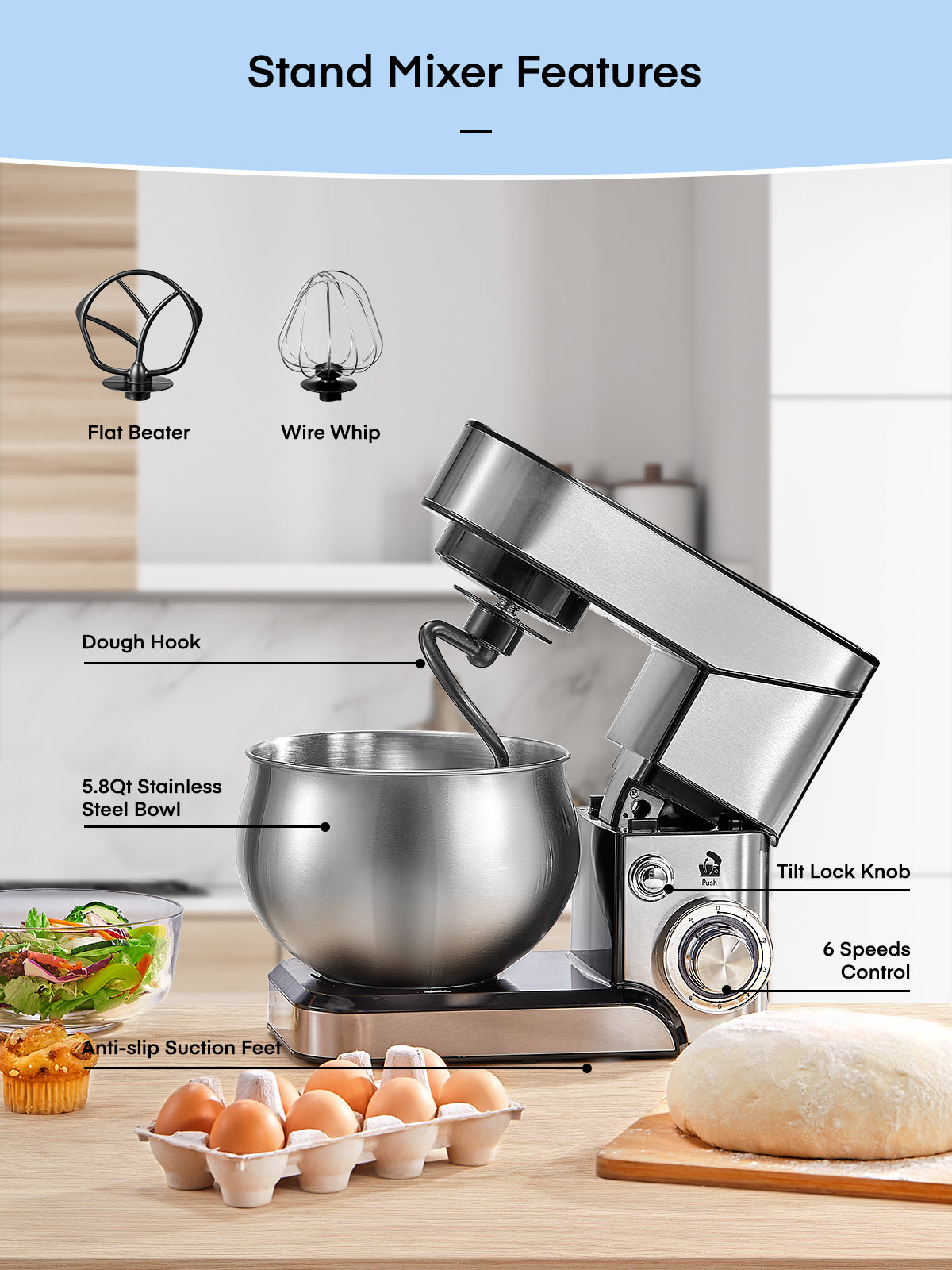 Kealive mixer planetar 5.8L inox 6 viteze 600W
