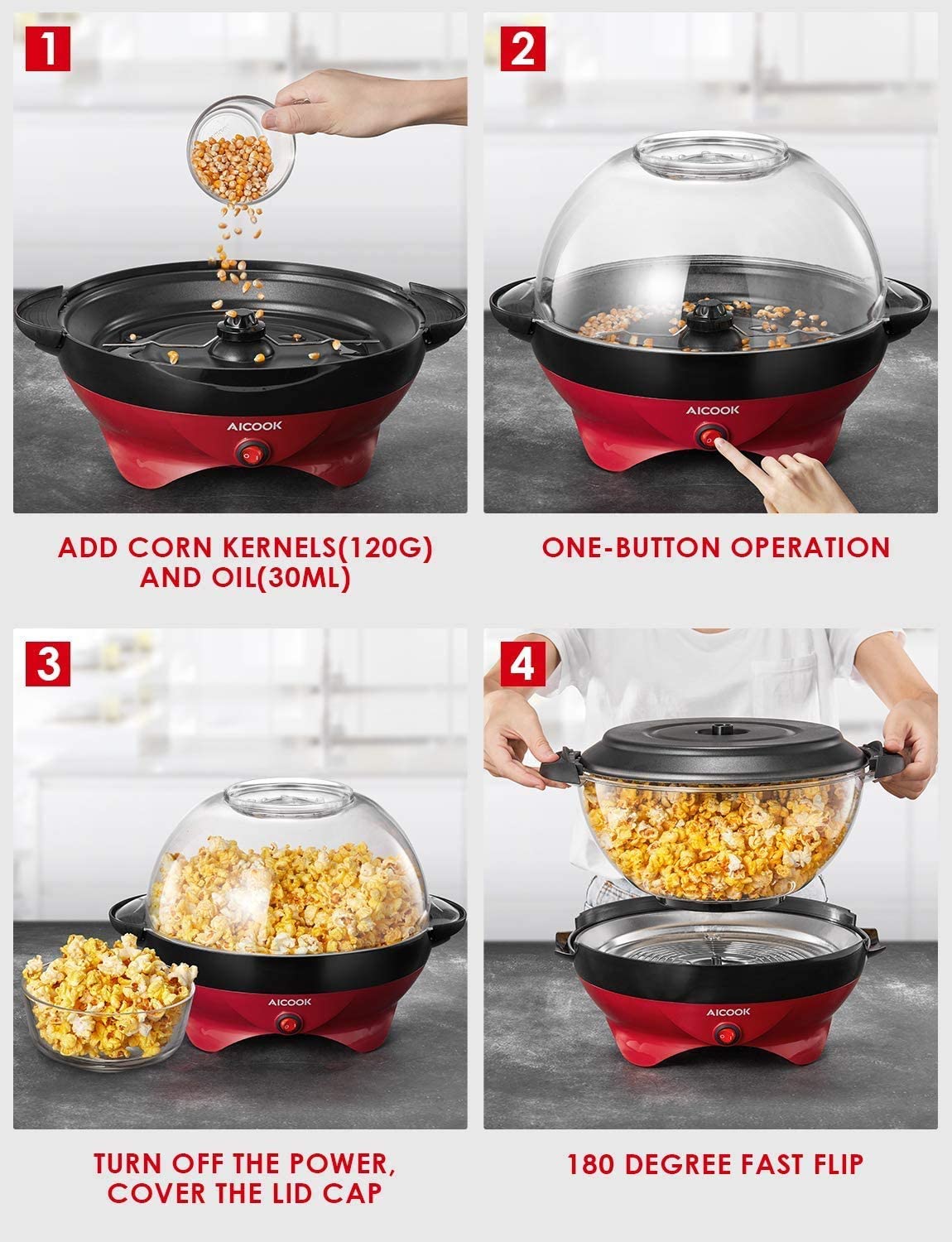 Kealive Aicook aparat popcorn bol 24 cupe antiaderent