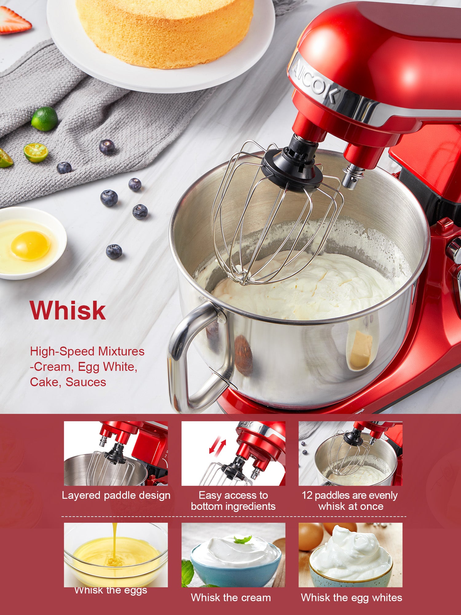 Aicok 5.5QT mixer planetar cu bol rosu 500W