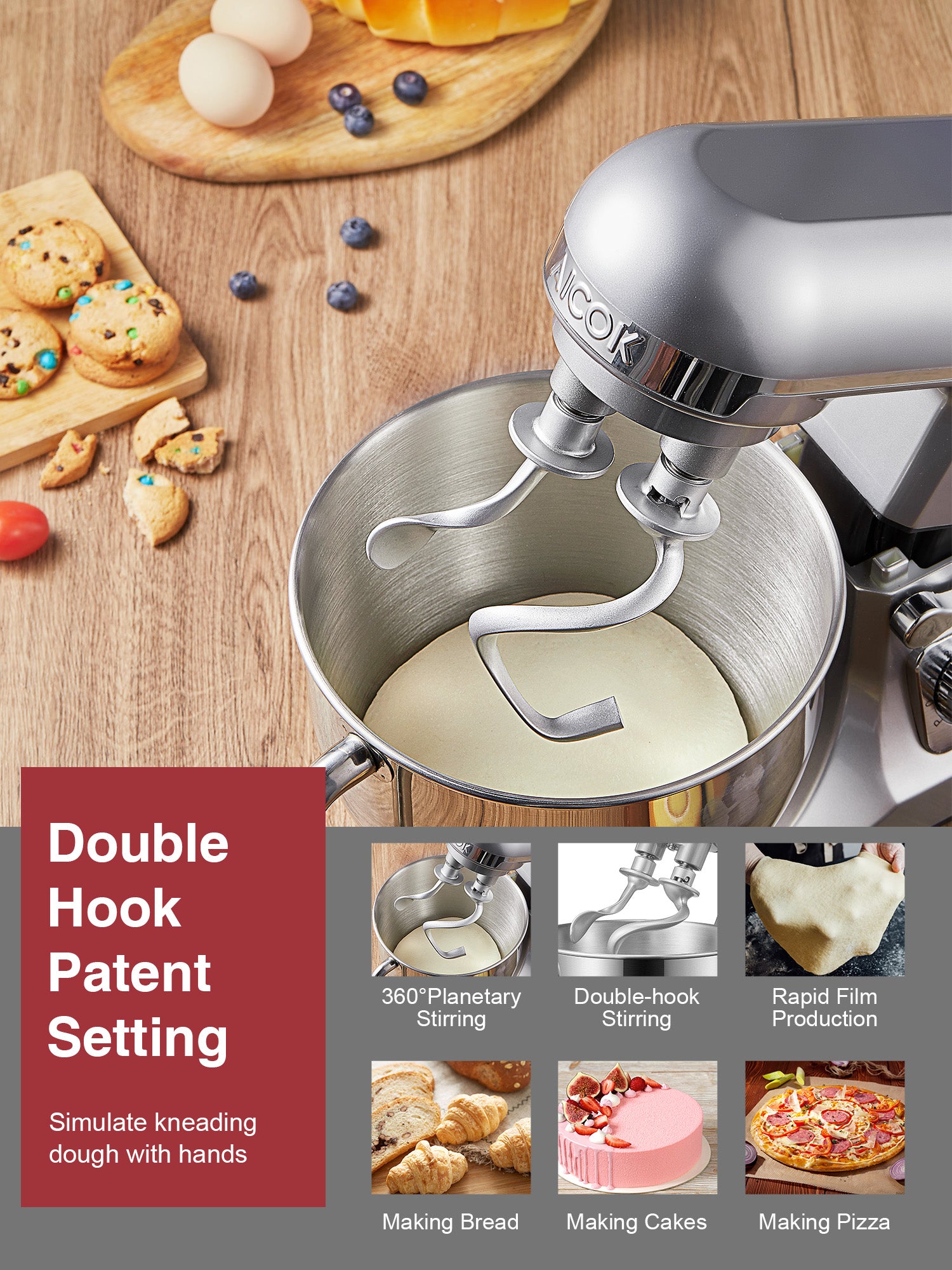 Aicok mixer planetar 5,5L argintiu 6 viteze