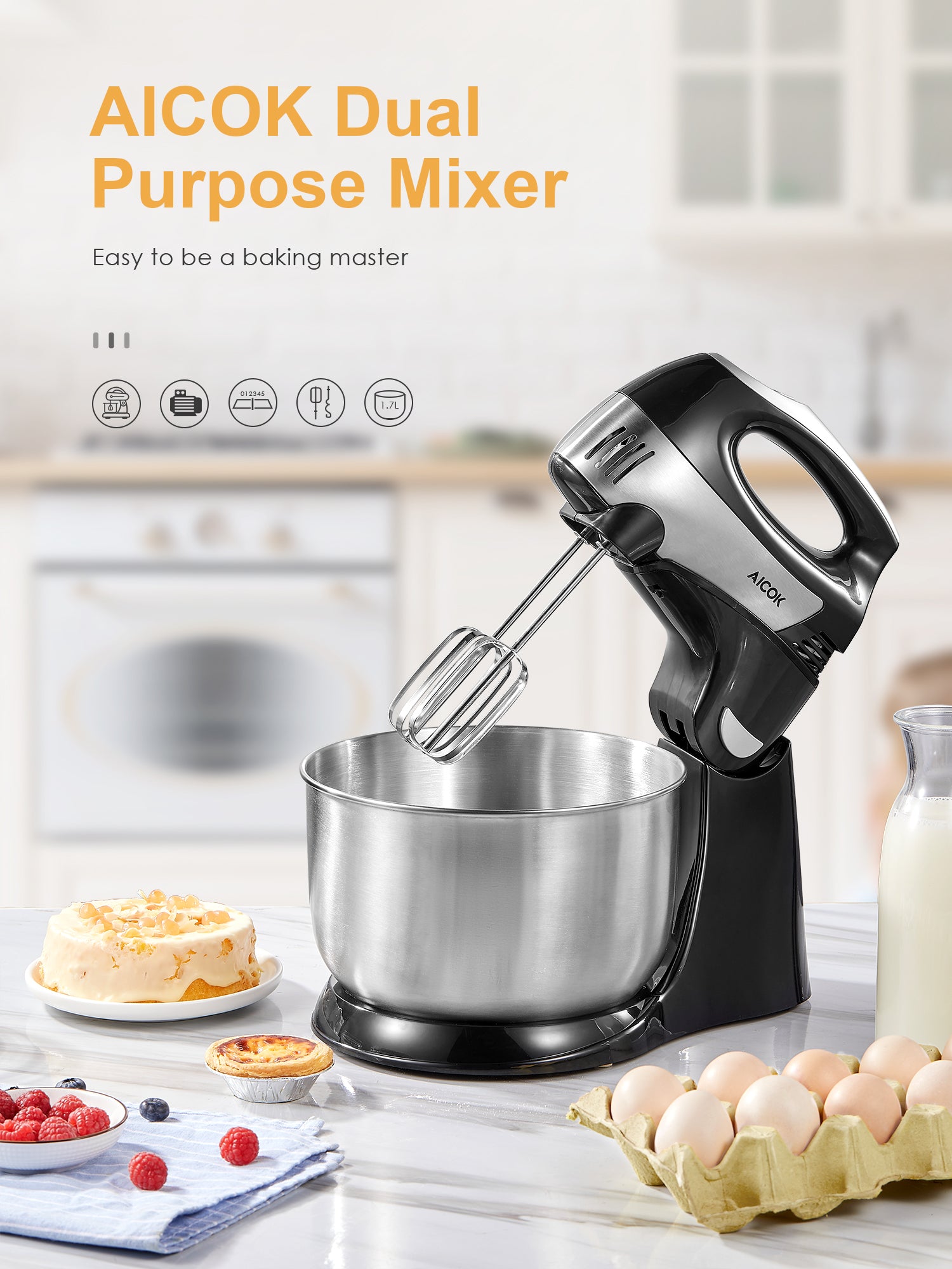 Aicook mixer stativ 2 în 1 bol 3,5 L 300 W inox