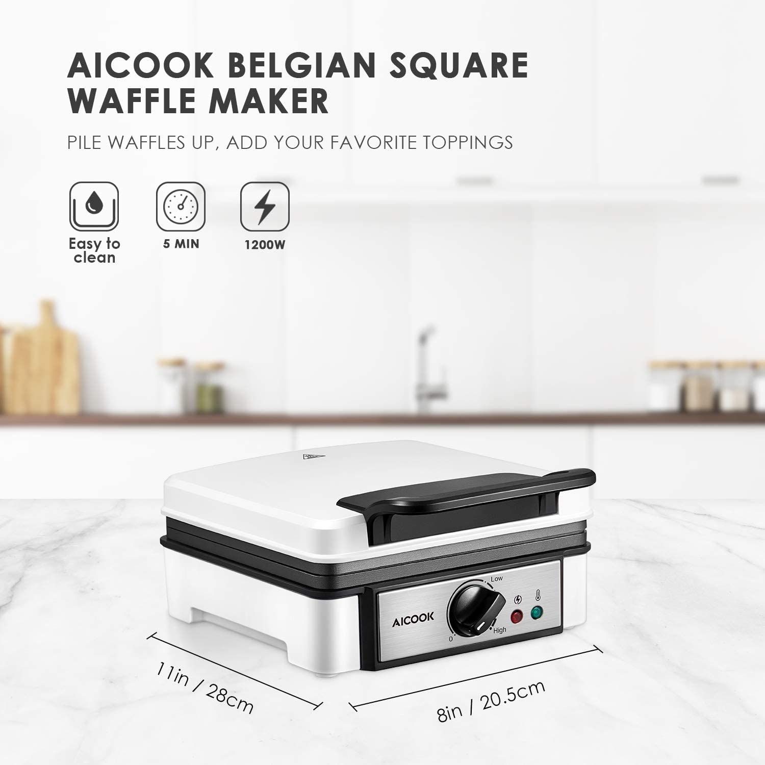 Aicook aparat vafe belgiene dublu alb 1200W 7 trepte