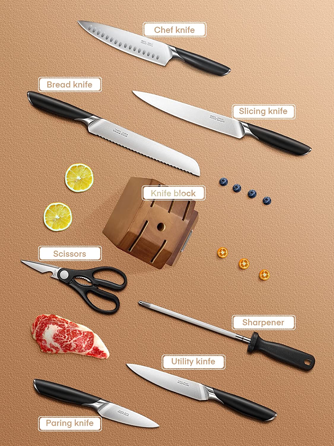 Aicook Set cutite bucatarie 8 piese bloc lemn inox