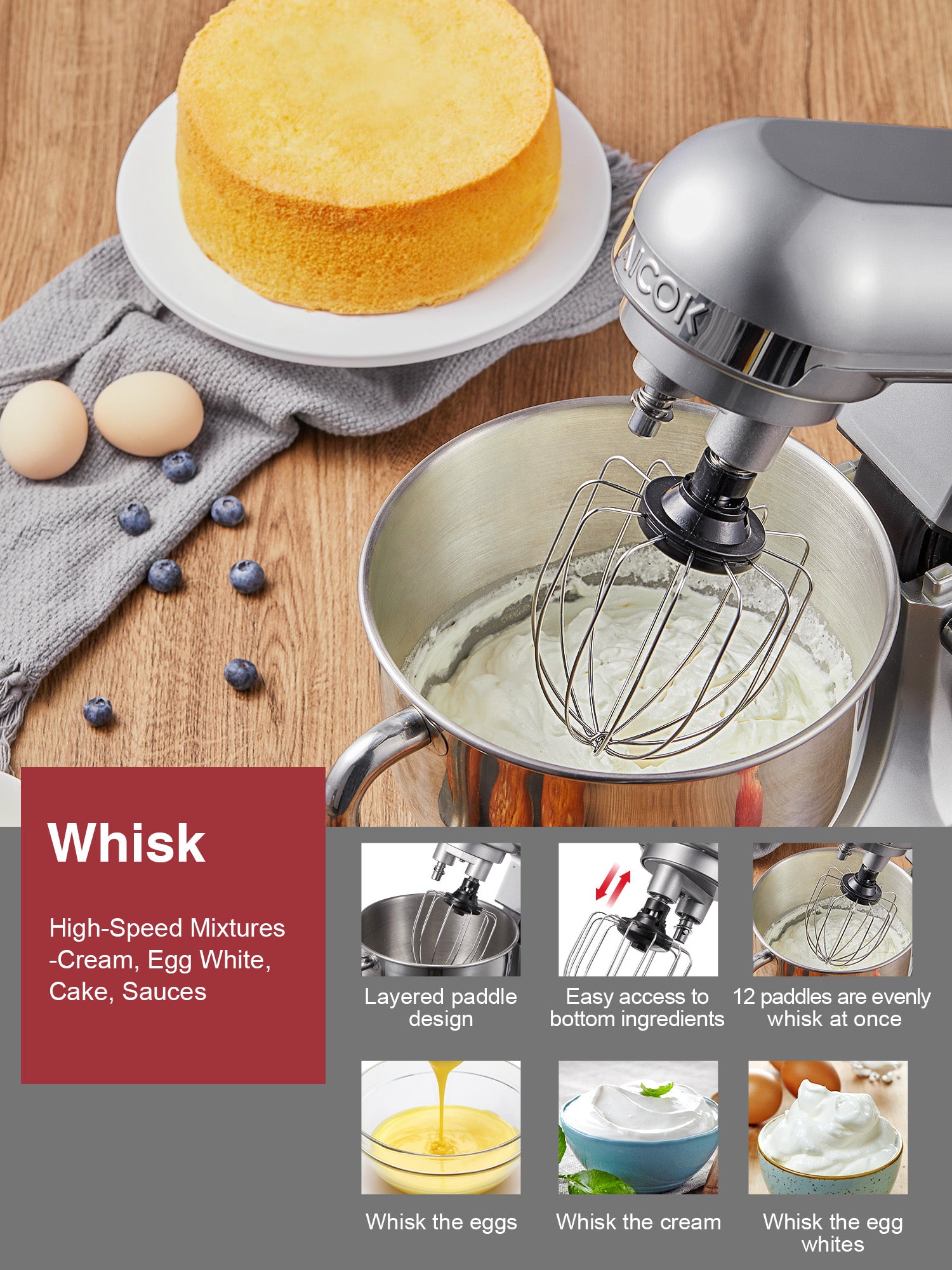 Aicook mixer stativ bol 5.5Qt 6 viteze argintiu