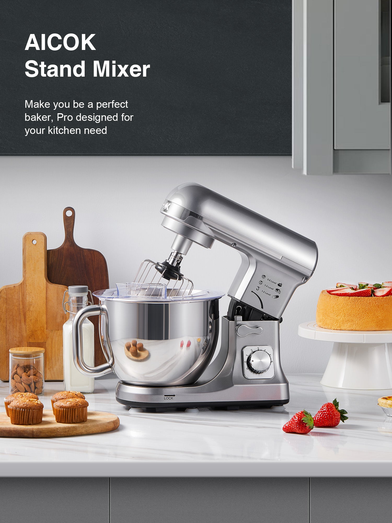 Aicook mixer stativ bol 5.5Qt 6 viteze argintiu