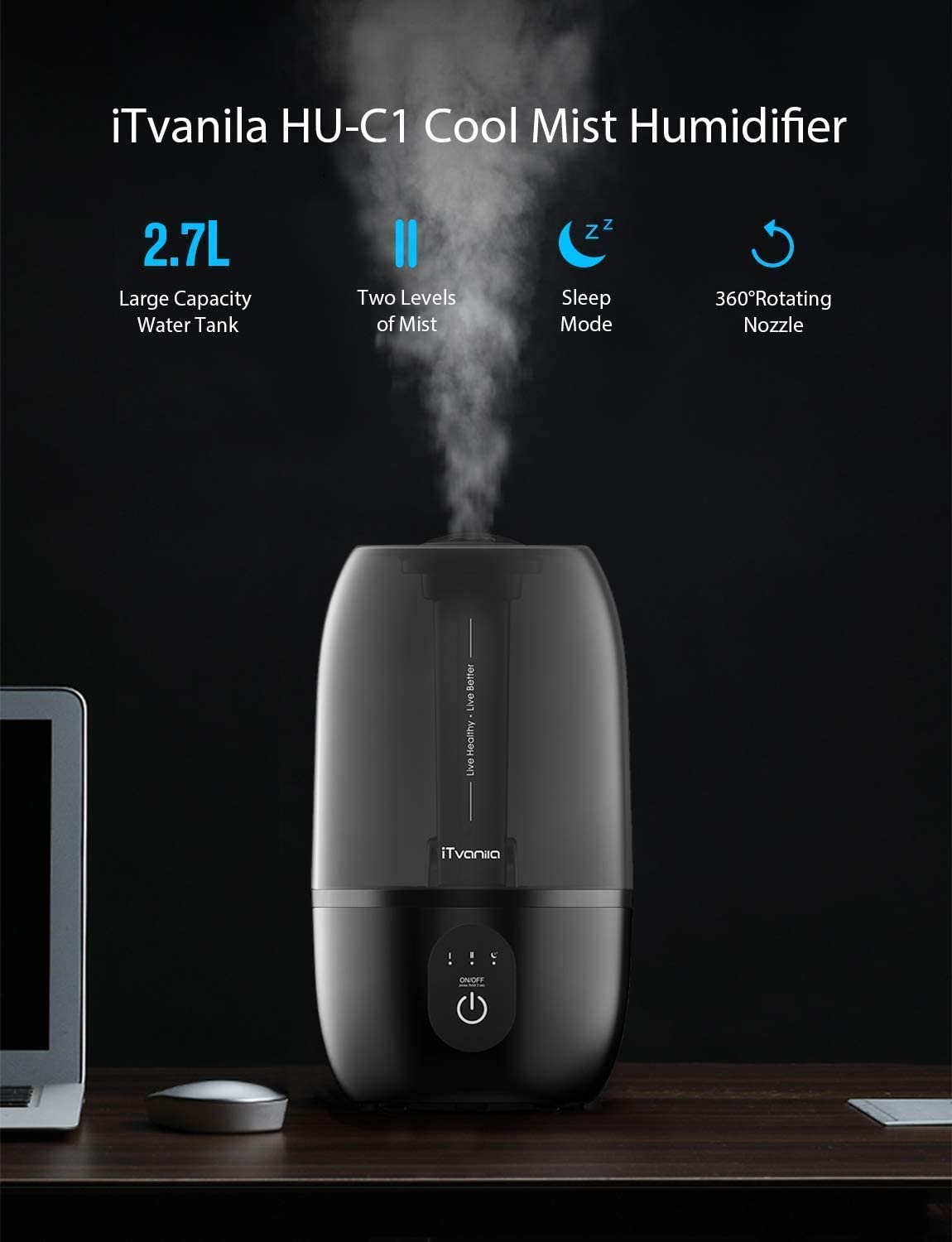 iTvanila umidificator aer 2,7L negru silentios
