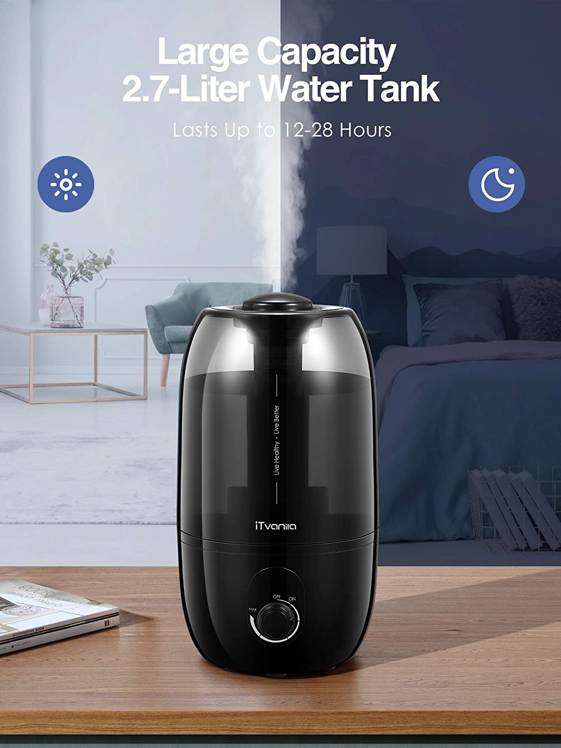 iTvanila Umidificator Cameră 2.7L Negru Silențios 30h
