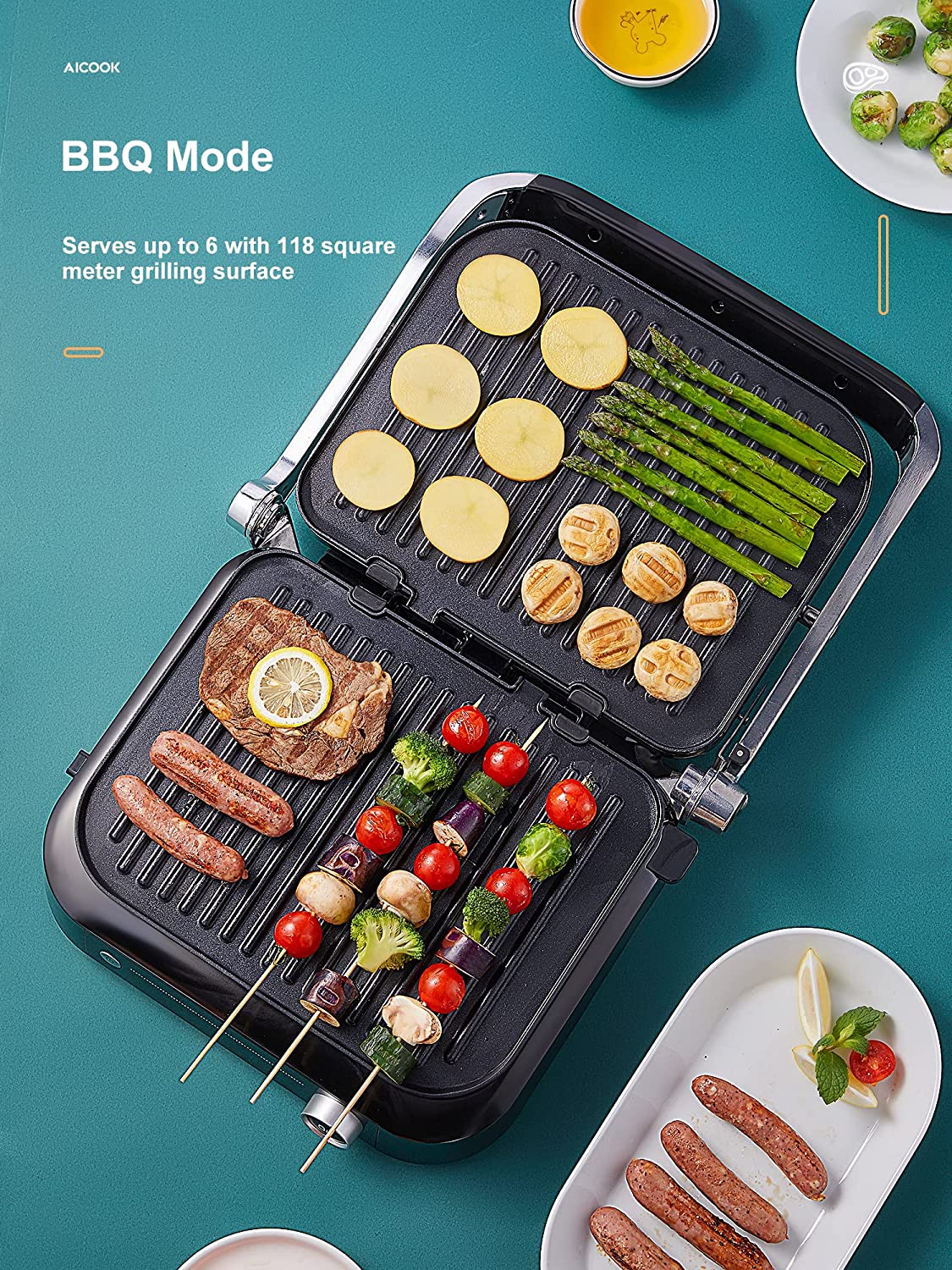 Kealive grill electric contact 2100W 31x24cm 8 programe