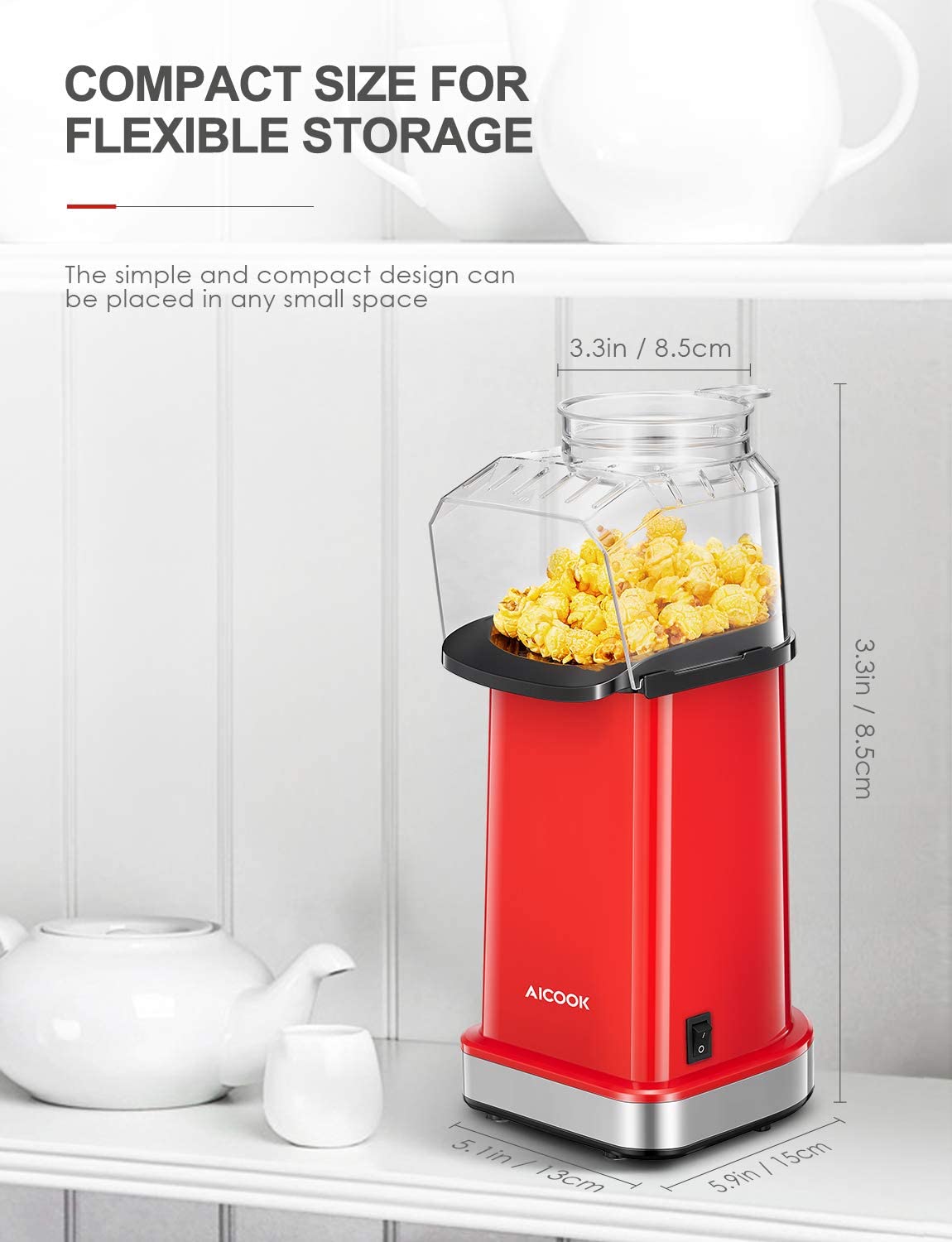 Aicook Aparat popcorn aer cald 1400W rosu 80g