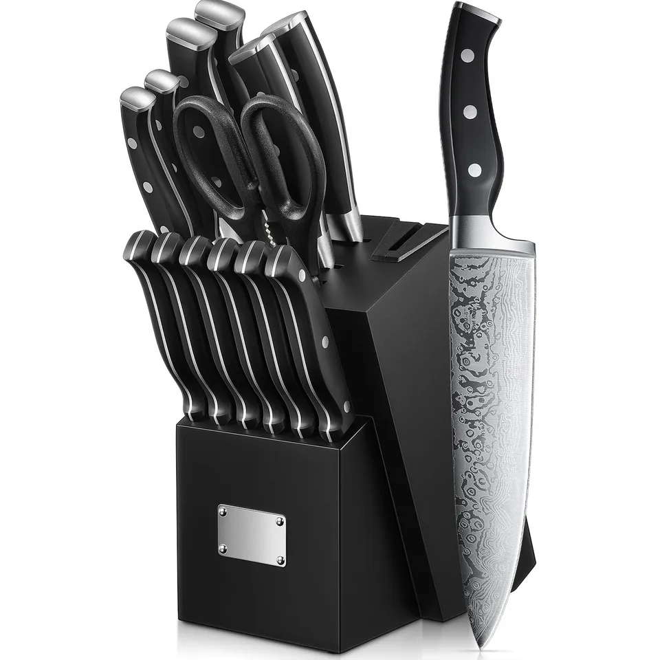 Aicook Set cuțite 14 piese negru cu ascuțitor inox