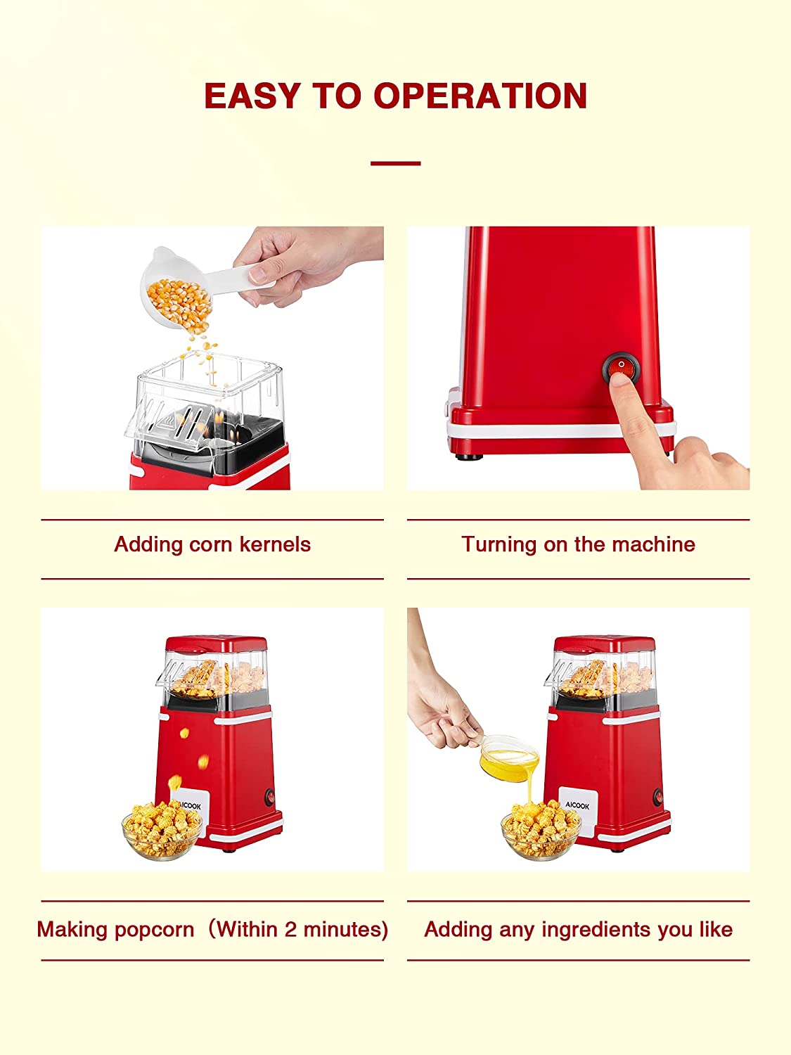Aicook Aparat Popcorn Aer Cald 1200W Retro