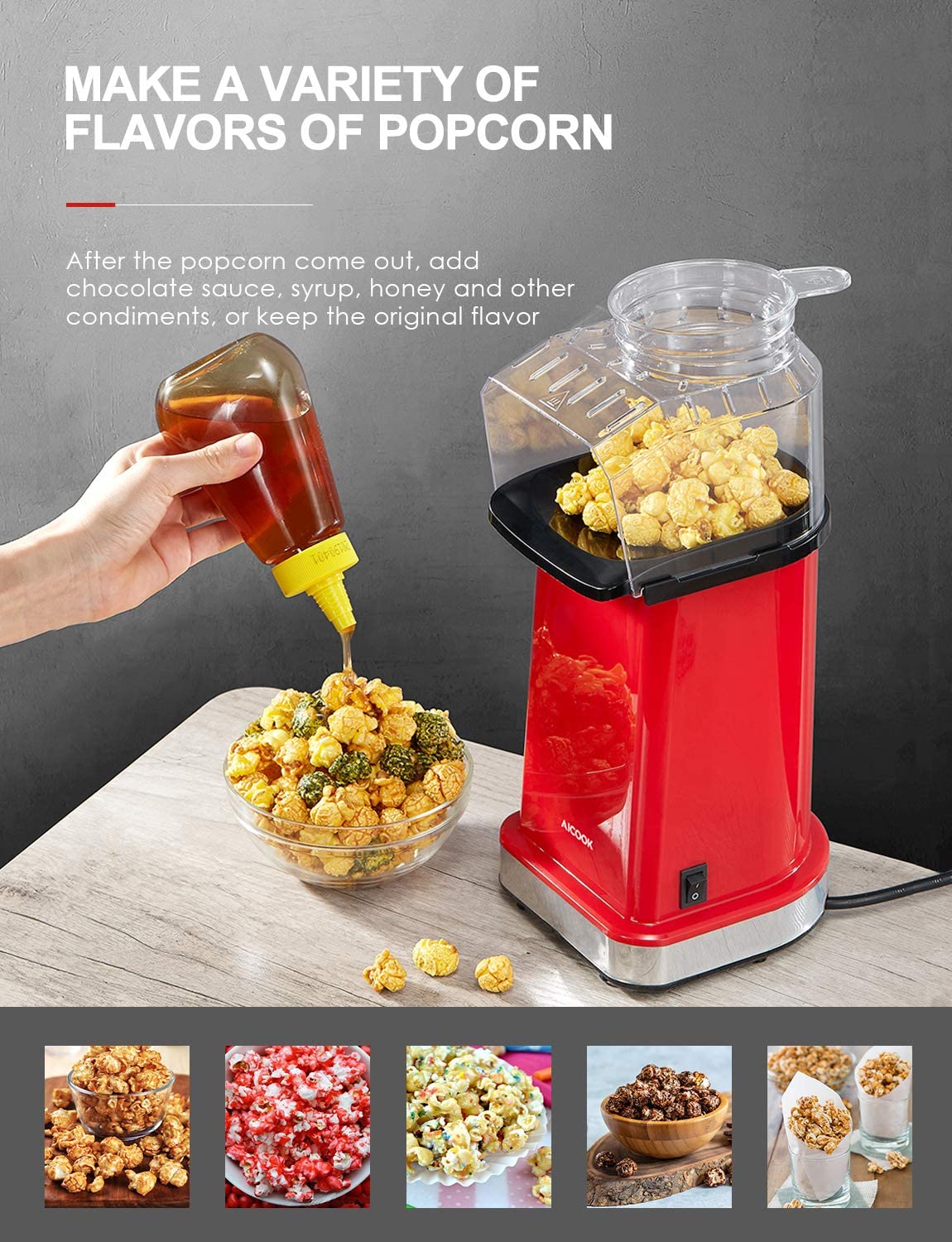 Aicook Aparat popcorn aer cald 1400W rosu 80g
