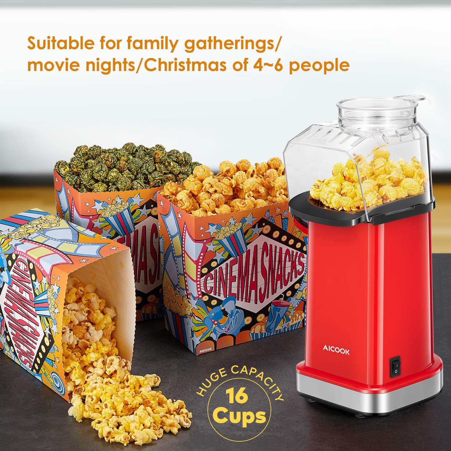 Aicook Aparat popcorn aer cald 1400W rosu 80g