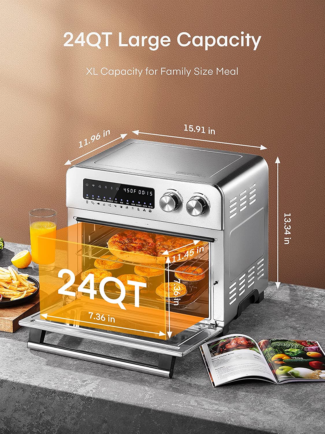 Aicook 24Qt cuptor air fryer argintiu 12 functii
