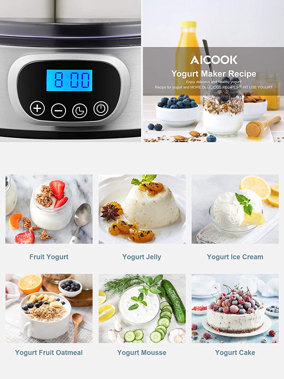 Aicook aparat iaurt digital EP2305 inox 7 borcane