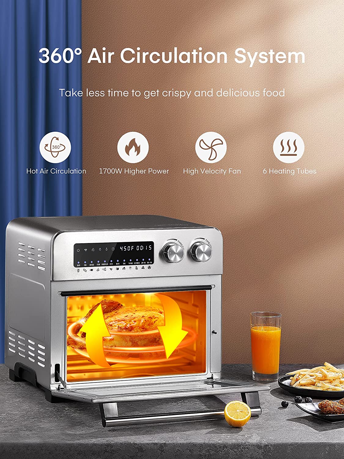 Aicook 24Qt cuptor air fryer argintiu 12 functii