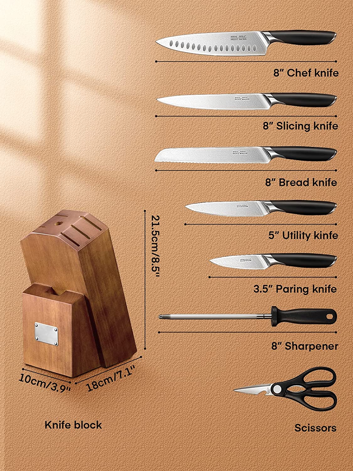 Aicook Set cutite bucatarie 8 piese bloc lemn inox