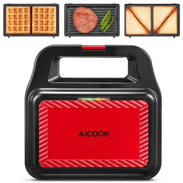 Aicook sandwich maker 3 în 1 cu 3 plăci detașabile
