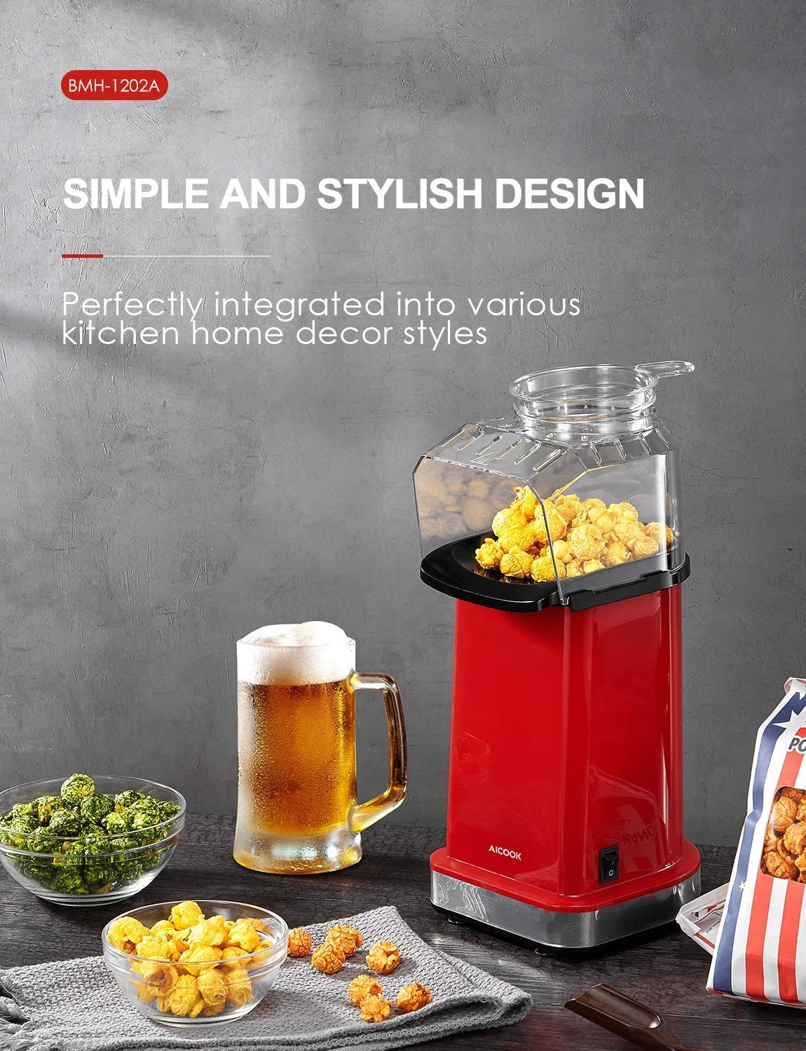 Aicook aparat popcorn aer cald 1400W fara ulei