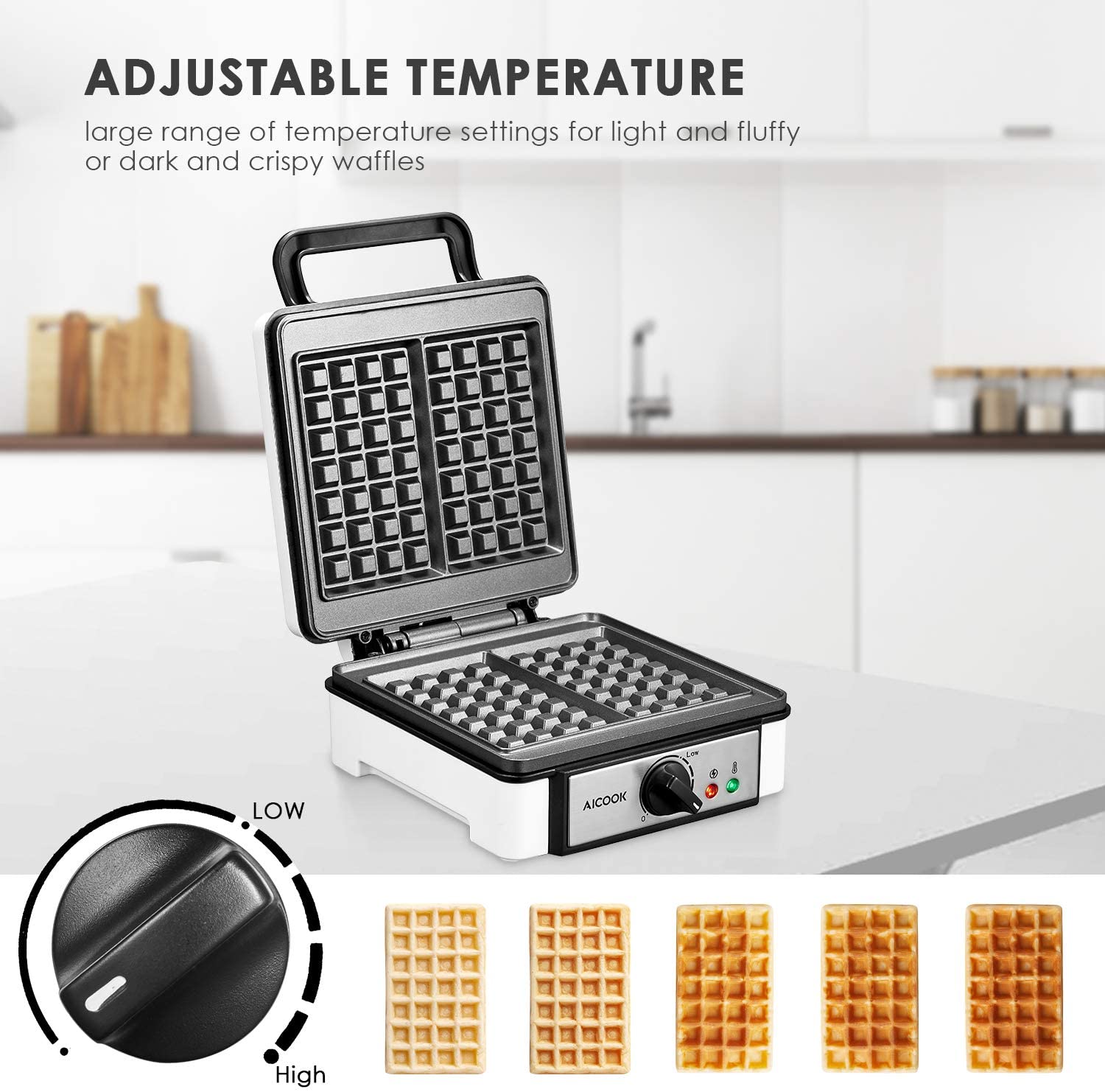 Aicook aparat vafe belgiene dublu alb 1200W 7 trepte
