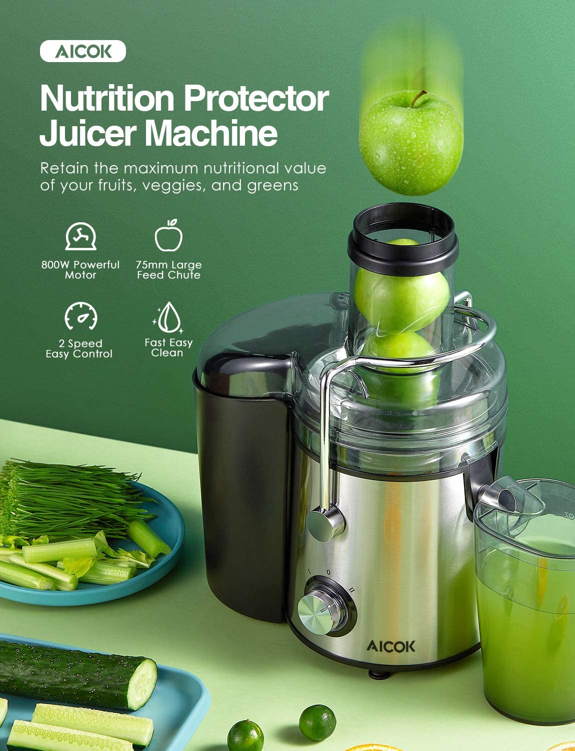 Aicok storcator fructe centrifugal 1000W 75mm argintiu