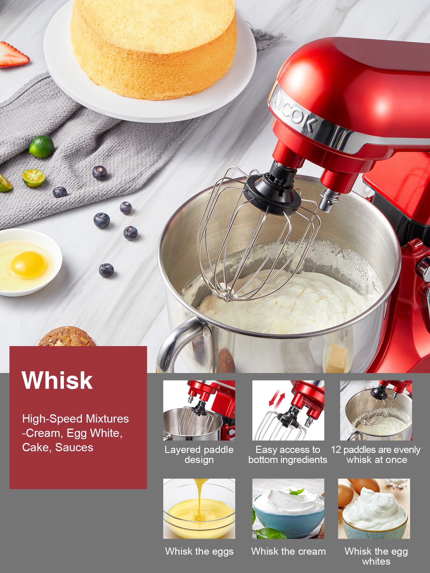 Aicok 5.5QT mixer planetar cu bol rosu 500W
