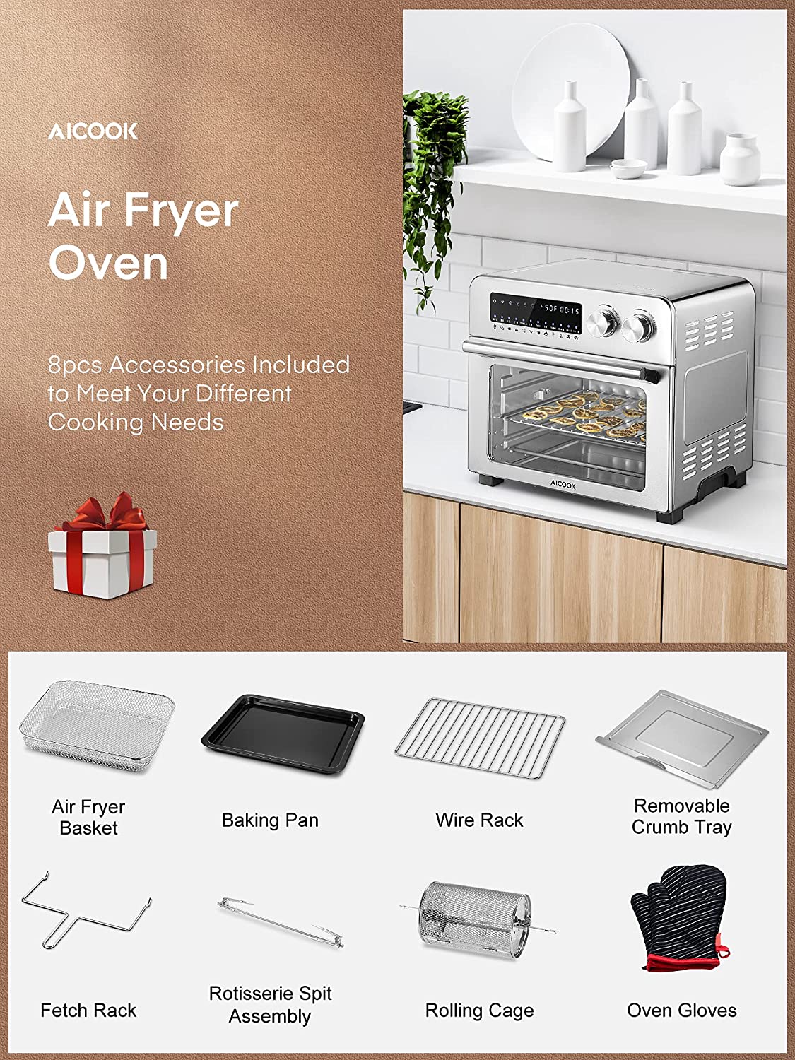 Aicook 24Qt cuptor air fryer argintiu 12 functii