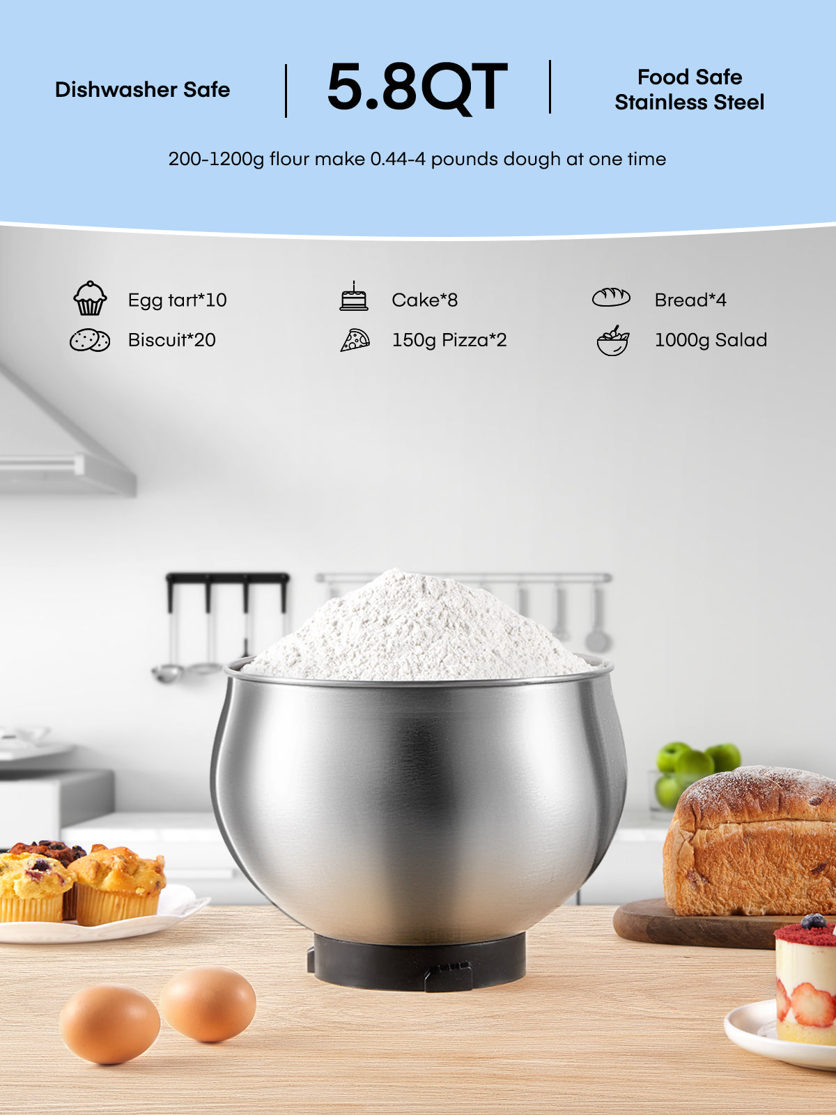 Kealive mixer planetar 5.8L inox 6 viteze 600W