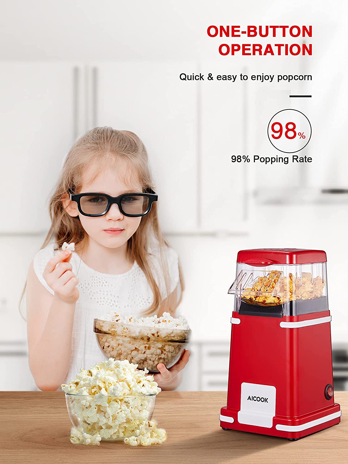 Aicook Aparat Popcorn Aer Cald 1200W Retro