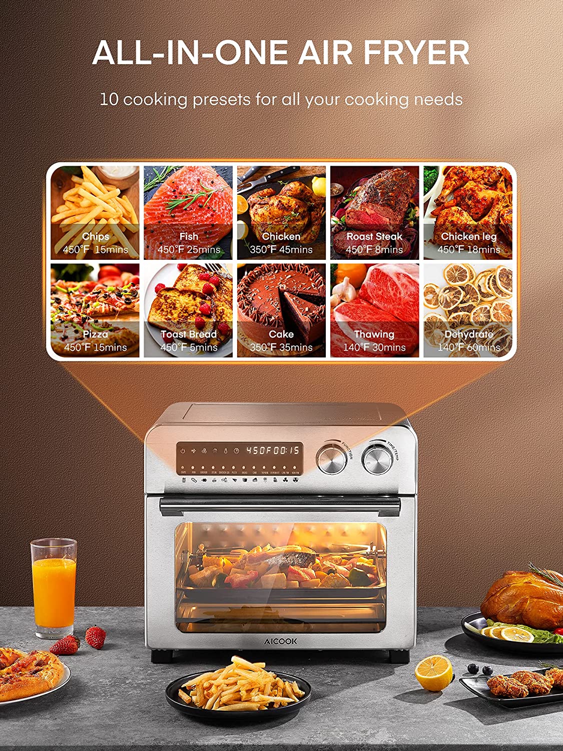 Aicook 24Qt cuptor air fryer argintiu 12 functii