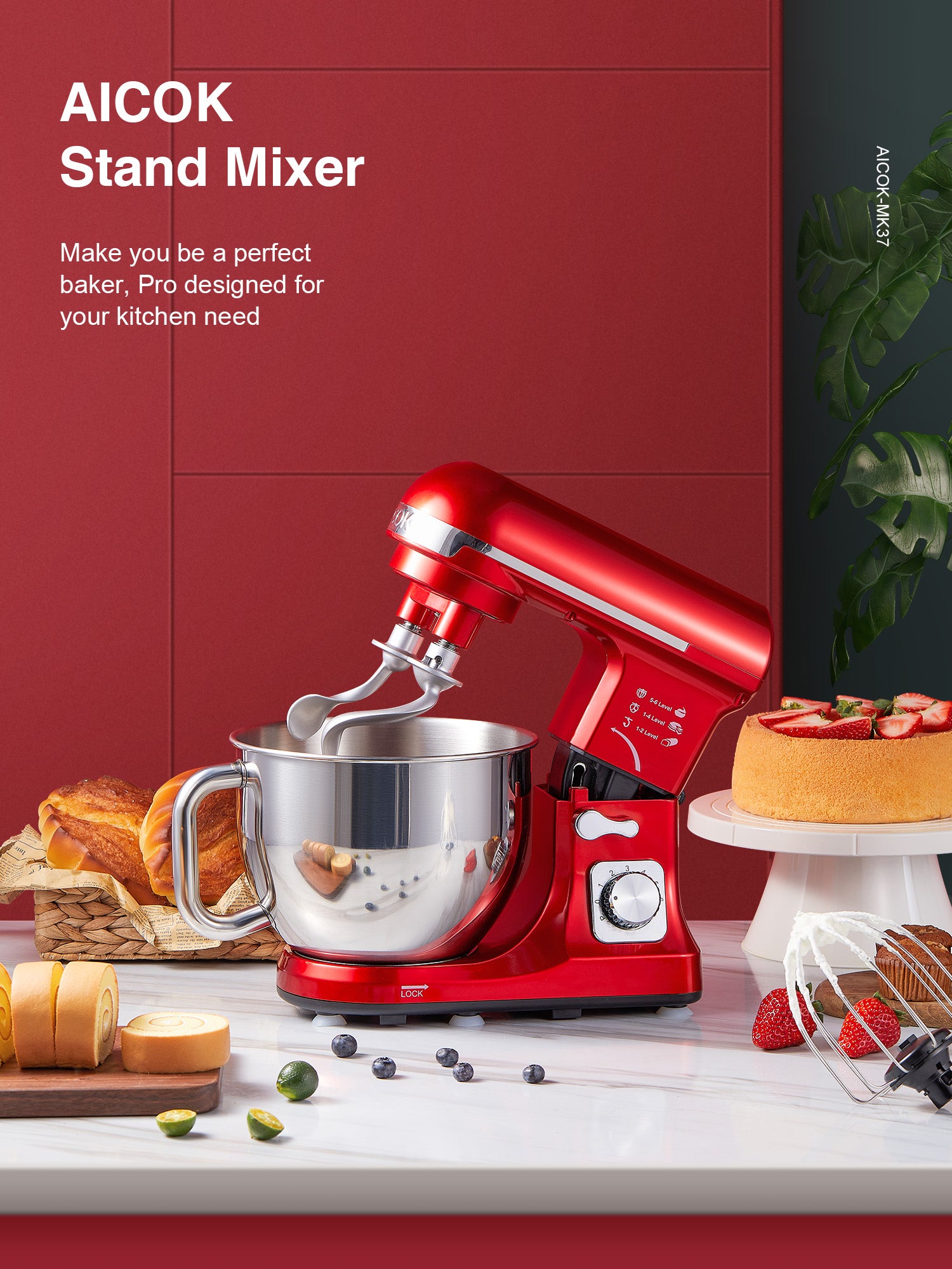 Aicok 5.5QT mixer planetar cu bol rosu 500W