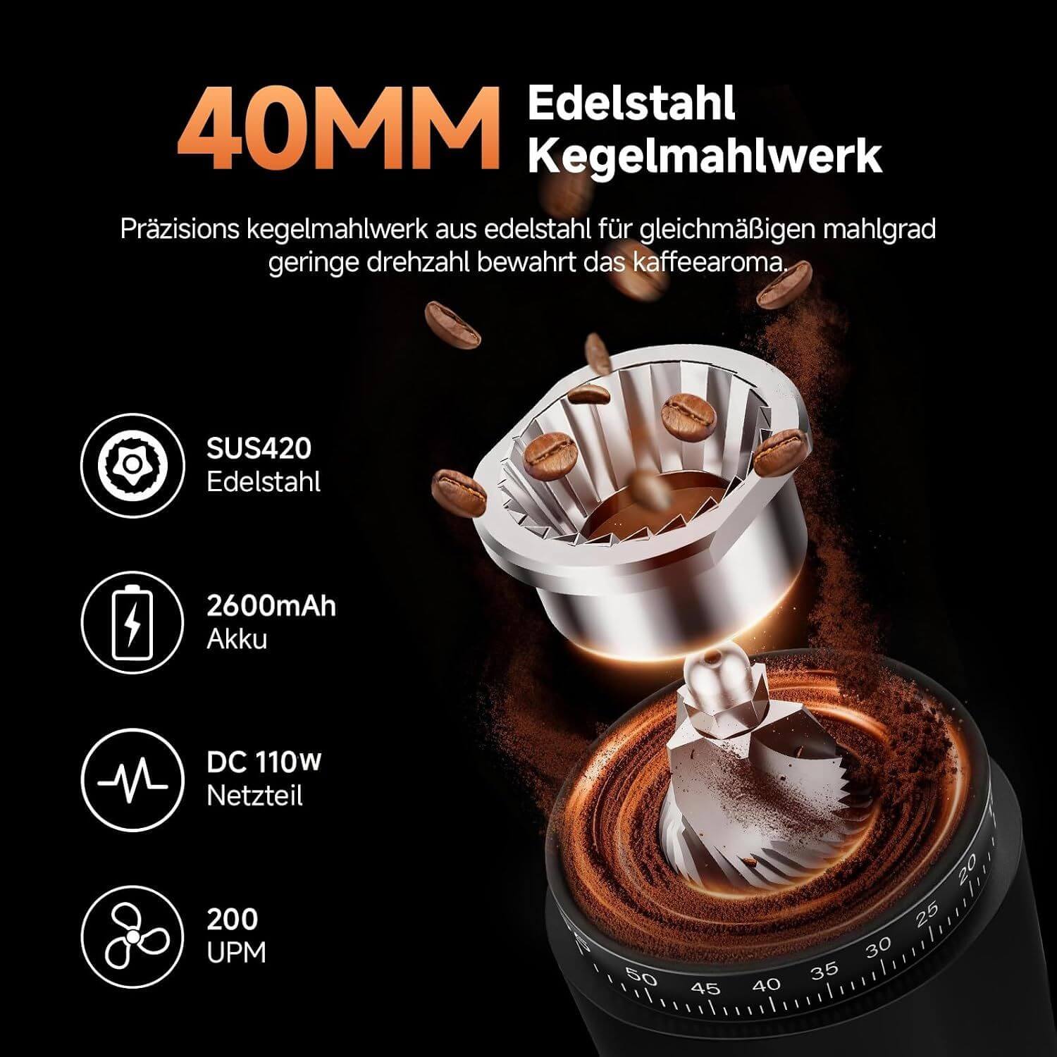 Aobosi Râșniță cafea wireless 40 mm 60 trepte